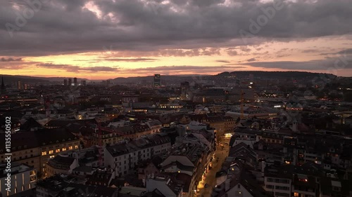 sunset sky night illuminated zurich city center aerial panorama 4k switzerland   