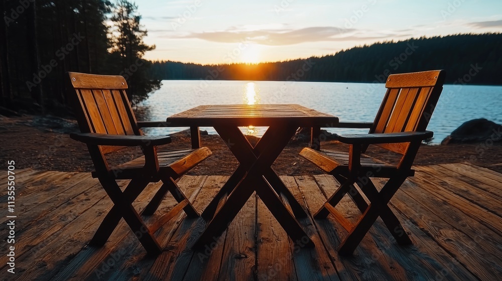Obraz premium Sunset dining experience at a lakeside table scenic view nature photography relaxing environment