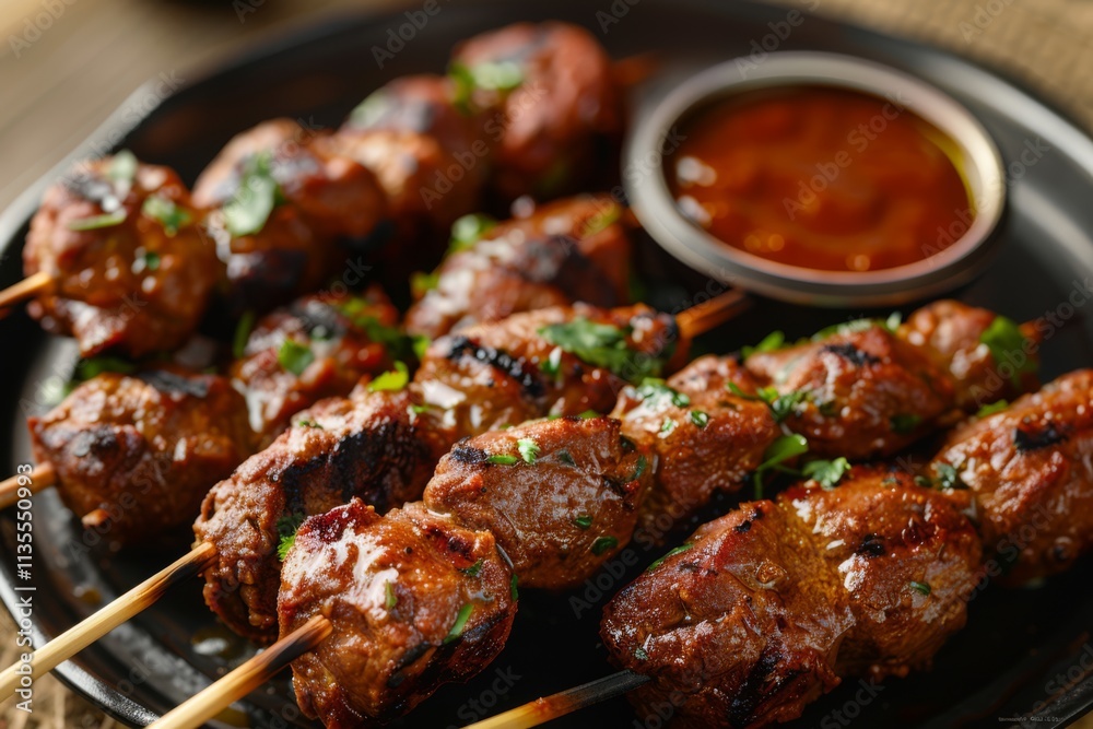 Delicious Indian Lamb Kebabs Served on Skewers with Flavorful Dipping Sauce and Fresh Herbs, Perfect for Any Culinary Occasion and Food Photography Delicious Indian Lamb Kebabs Served on Skewers with Flavorful Dipping Sauce and Fresh Herbs, Perfect for Any Culinary Occasion and Food Photography