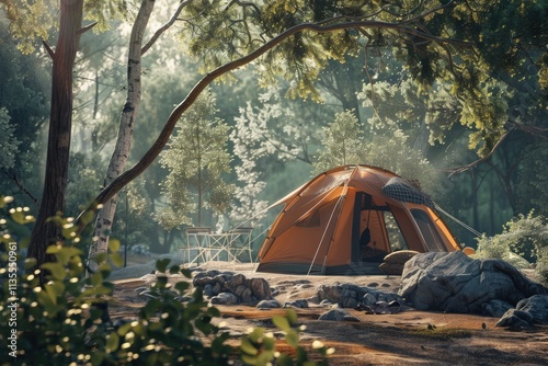Flawless Image of Picnic Tent Campground Surrounded by Outdoor Forest