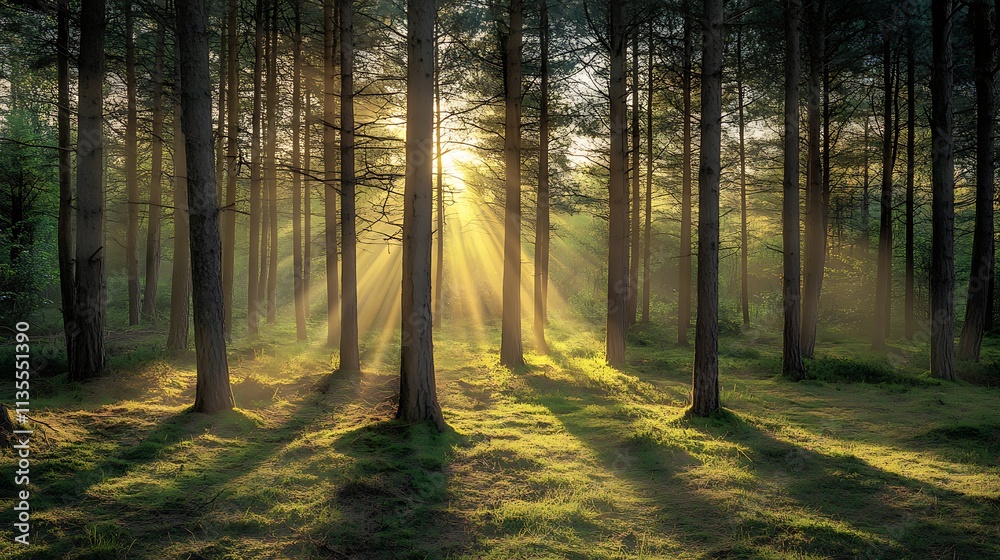 Naklejka premium Golden Sunlight in a Forest. Concept of Nature, Tranquility, and Serenity.