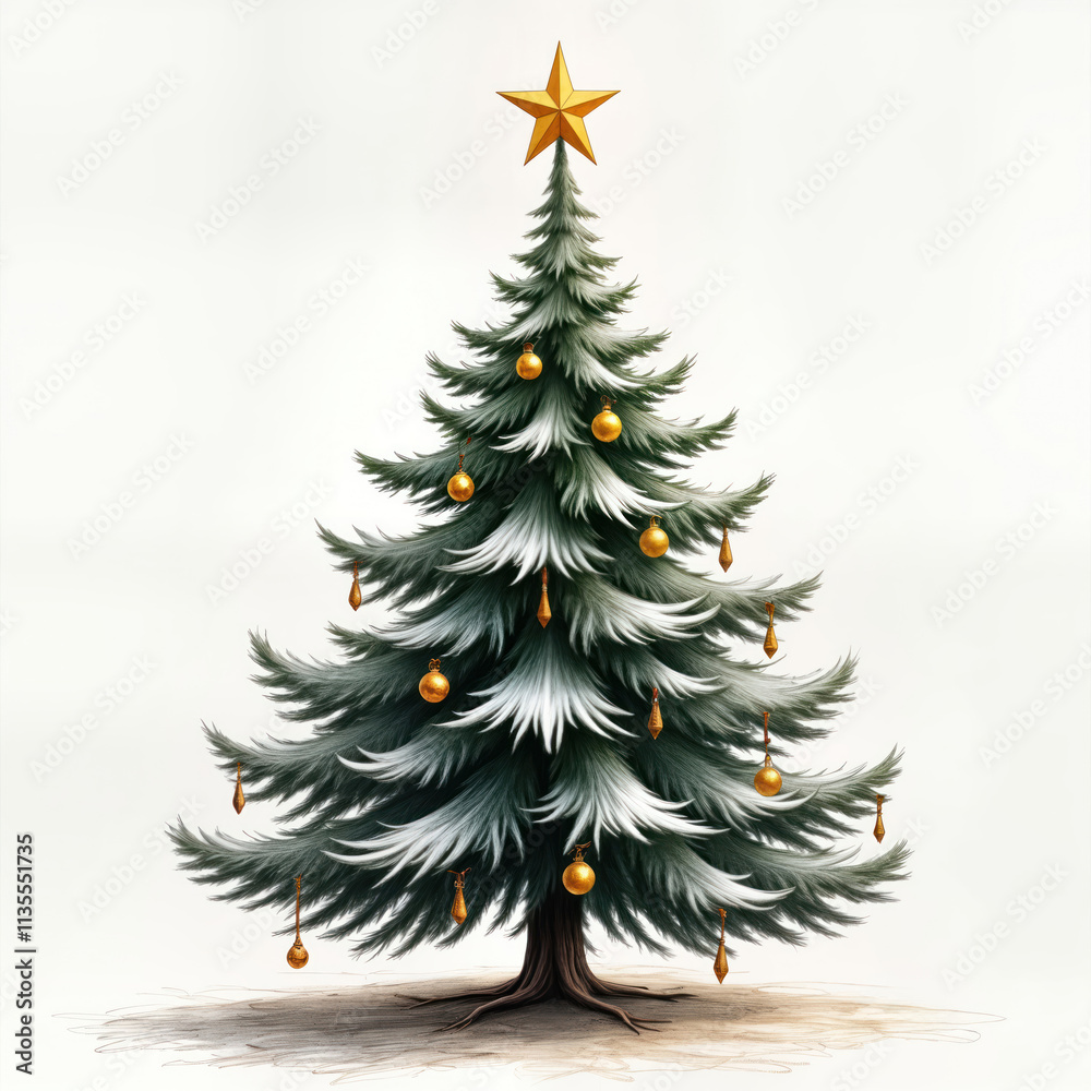 Fototapeta premium Christmas tree illustration with gold star on top. Decorated with golden ornaments, hanging decorations. Isolated on white background. Perfect for holiday greeting cards, posters, seasonal design