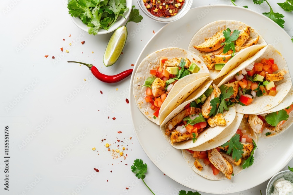 Freshly Arranged Chicken Tacos on a White Plate with Colorful Salsa and Garnishes for a Vibrant Culinary Presentation Freshly Arranged Chicken Tacos on a White Plate with Colorful Salsa and Garnishes for a Vibrant Culinary Presentation
