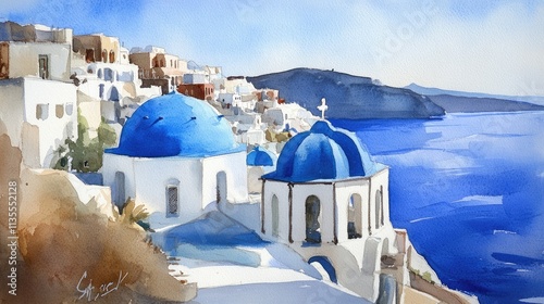 SantoriniÃ¢â‚¬â„¢s blue domes, a tranquil watercolor overlooking the Aegean Sea photo