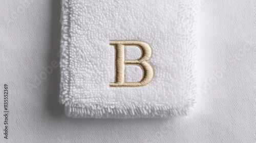 Elegant white towel with monogrammed letter b on textured fabric