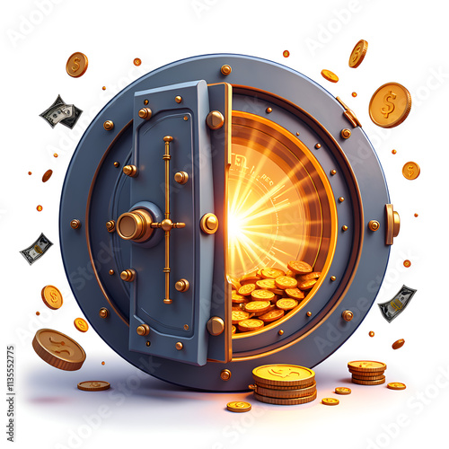 A glorious vault bursting with coins and cash, emanating wealth and prosperity in a bright future, digital art of fantasy concept.