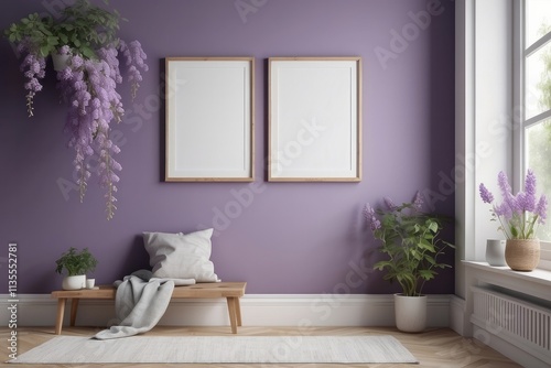 home interior, scandi-Boho style, blank poster frame, window, Wisteria Purple wall background