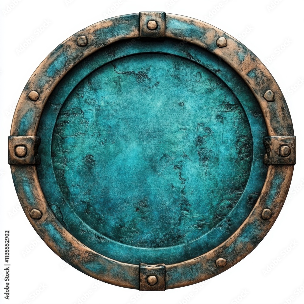 Fototapeta premium A weathered circular metal shield with a turquoise patina and bronze accents, featuring rivets, AI