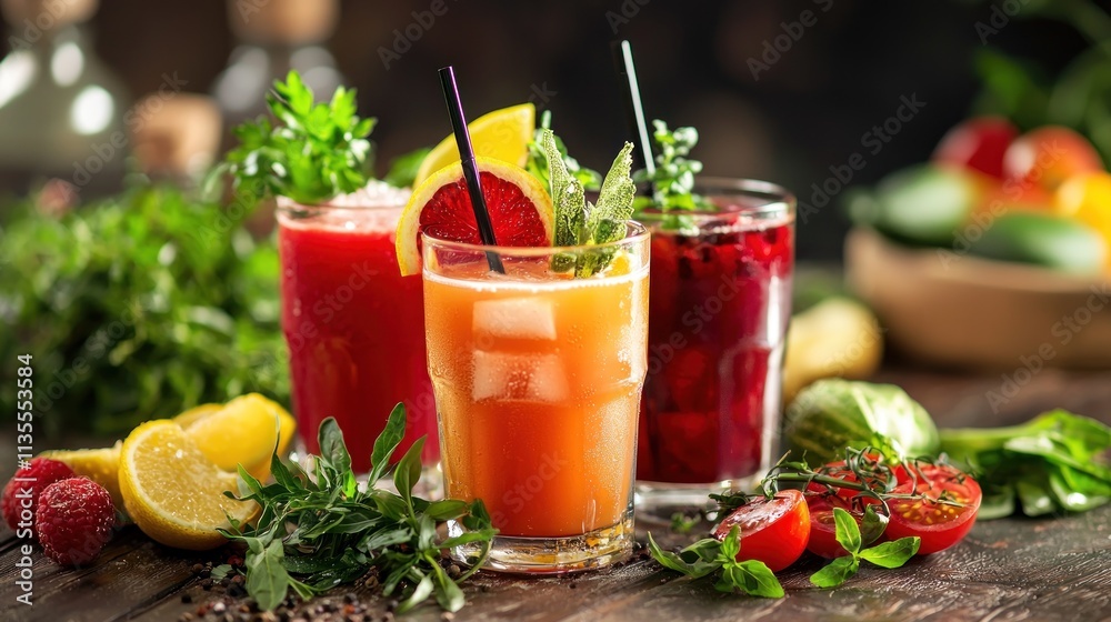 Refreshing Summer Fruit Juice Drinks Garnished With Herbs Refreshing Summer Fruit Juice Drinks Garnished With Herbs
