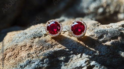 Elegant ruby earrings on textured stone. photo