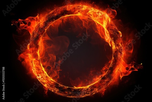 A circular fire ring with glowing embers and a gradient of red to orange hues, showcasing the energy and power of the flames, isolated on white background