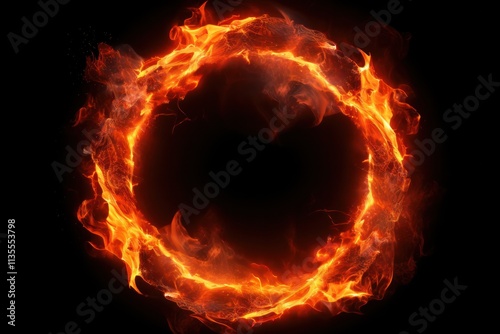 A circular fire ring with glowing embers and a gradient of red to orange hues, showcasing the energy and power of the flames, isolated on white background photo