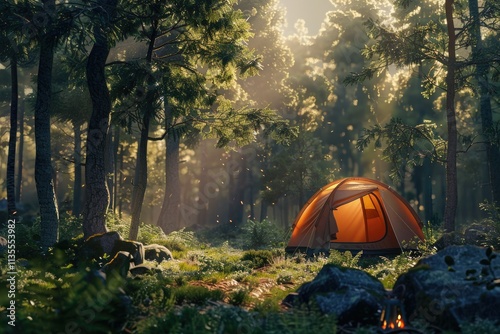 Detailed Color Image of Outdoor Camping Tent and Tourist Camp in Forested Area