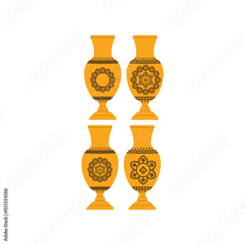 Ancient traditional brown clay flower vase. Clay vase with old-school nuance, typical of Indonesia. Design element illustration of traditional flower place with ornamental mandala