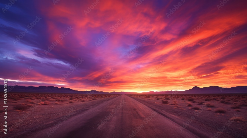 A straight, empty highway cuts through a vast, arid desert with a dramatic sunset sky featuring vibrant orange, pink A straight, empty highway cuts through a vast, arid desert with a dramatic sunset sky featuring vibrant orange, pink