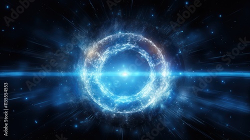 A swirling blue light portal with a bright neon glow, radiating waves of energy outward, surrounded by sparks and light particles