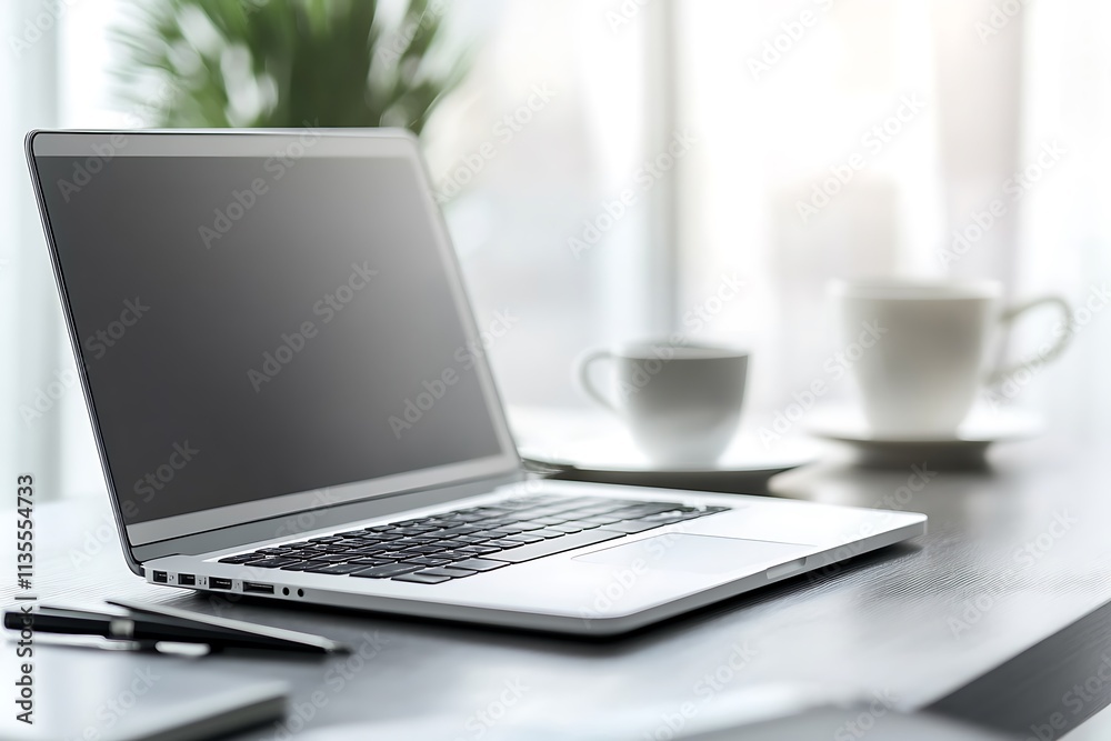 Modern Laptop on a Desk. Concept of Productivity, Work, and Technology. Modern Laptop on a Desk. Concept of Productivity, Work, and Technology.
