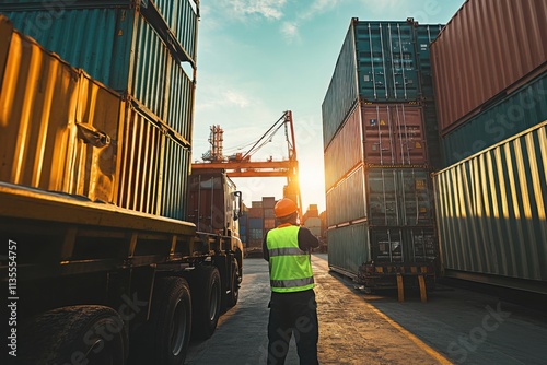 Sunset at the Shipping Container Yard - Logistical Operations and Transportation Industry