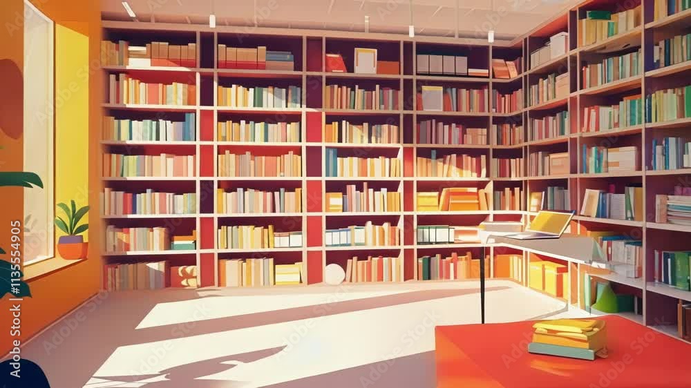 Sunlight streams through a window in a library, illuminating rows of books. The light shifts, casting long shadows across the floor Sunlight streams through a window in a library, illuminating rows of books. The light shifts, casting long shadows across the floor
