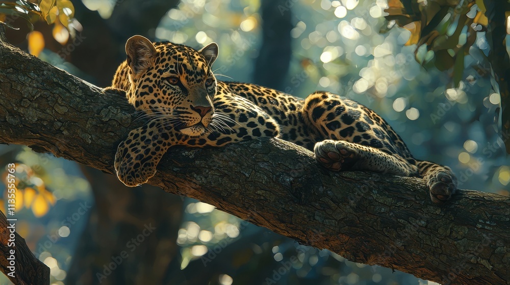 A close-up of a leopard lounging on a tree branch, its spotted fur dappled with sunlight. The blurred jungle canopy in the background enhances the predator’s elegance and dominance in its environment.