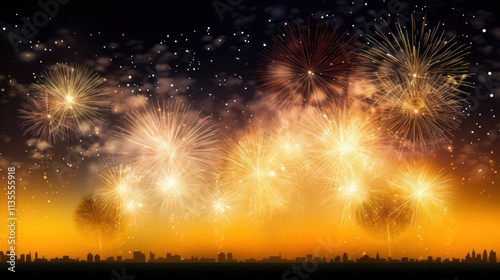 Rich gold glittering surface with an explosion of bright, multicolored fireworks against the backdrop, giving a glamorous