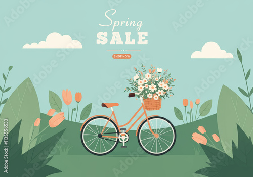 Spring sale with a bicycle adorned with flowers in a vibrant landscape photo