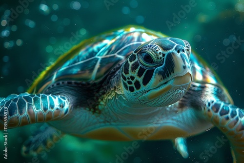 Majestic Sea Turtle Swimming Gracefully Through Clear Ocean Water Surrounded by Sunlight, Showcasing Intricate Patterns and Natural Beauty Underwater photo