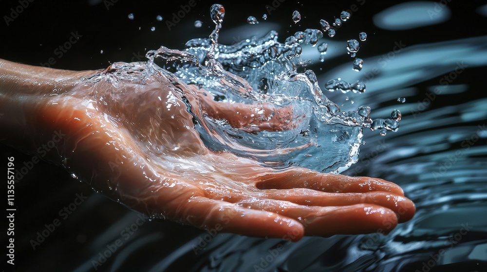 Fototapeta premium A close-up of a swimmer’s hand slicing through the water, with droplets frozen mid-air as ripples spread outward. The tension and grace in the movement highlight the power and precision of the