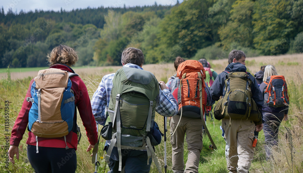 Hikers with Backpacks Walking Through Field Towards Woodland Hikers with Backpacks Walking Through Field Towards Woodland