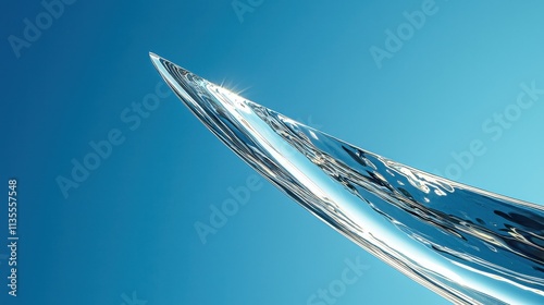 A close-up of a wind turbine’s blade rotating under a clear blue sky, with fine details of its aerodynamic surface reflecting sunlight. The shot symbolizes sustainability and technological progress.  photo