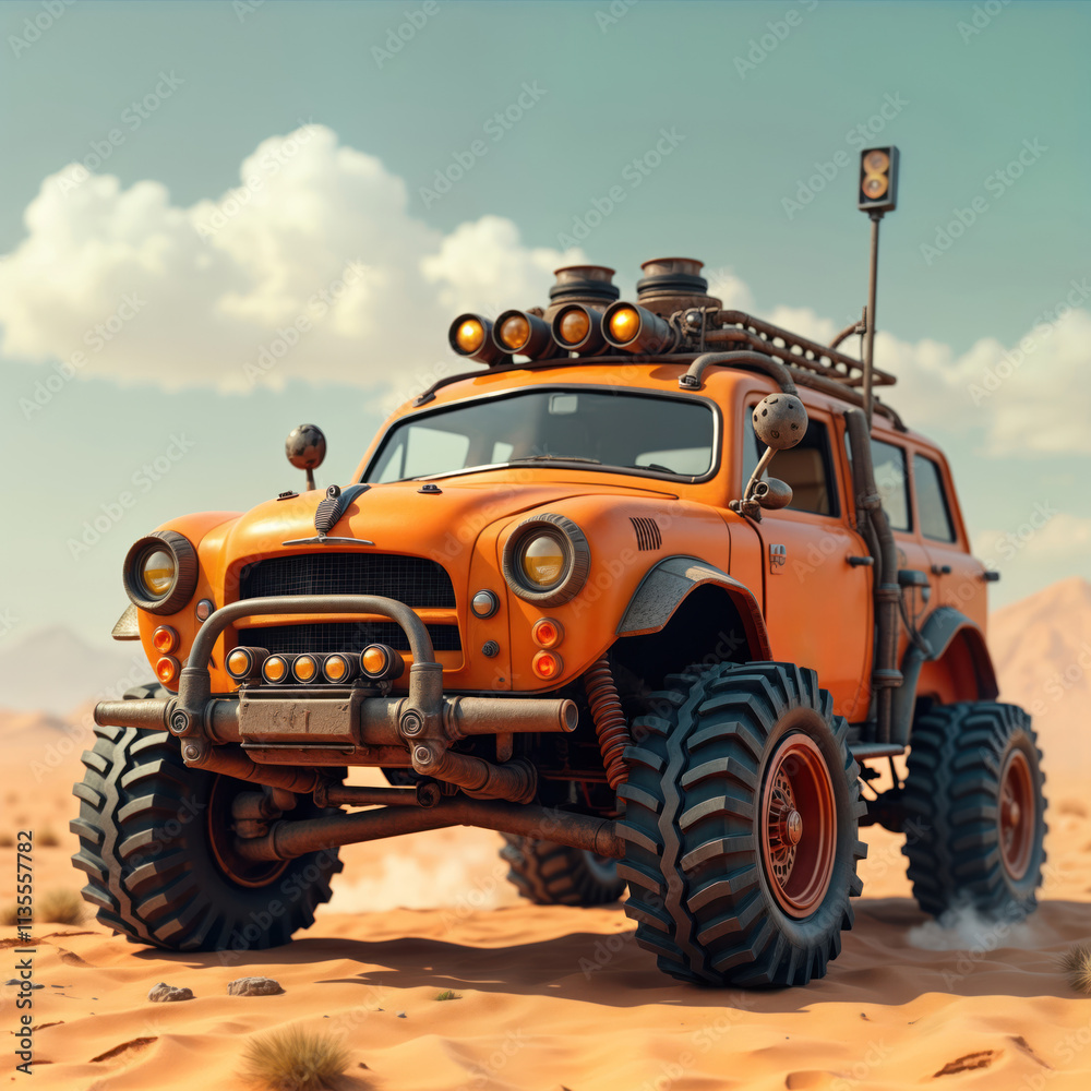 Rusty orange retrofuturistic vehicle navigates barren landscape. Off-road vehicle has large tires. Desert sand. Vintage tech. Unique design. Science fiction style transportation. Future tech car. Rusty orange retrofuturistic vehicle navigates barren landscape. Off-road vehicle has large tires. Desert sand. Vintage tech. Unique design. Science fiction style transportation. Future tech car.