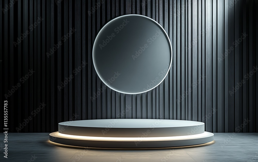 Illuminated circular podium against dark wood backdrop. Illuminated circular podium against dark wood backdrop.