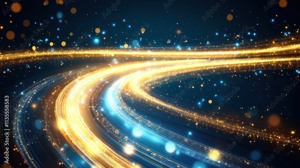 Fototapeta premium Abstract glowing light trails curve in dark space.