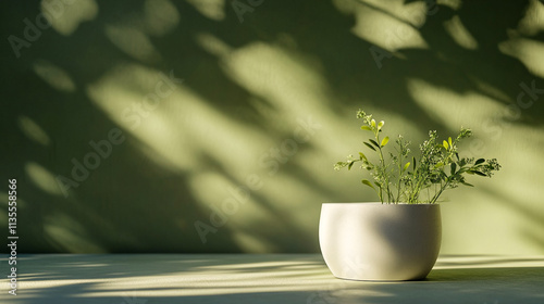 Fresh herbs growing in a simple white pot on a sunlit table against a calming green wall