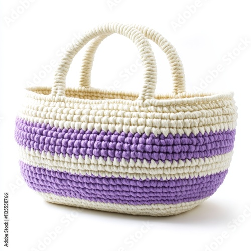 Handmade Knitted Tote Bag with Purple and Cream Stripes in Natural Fibers photo