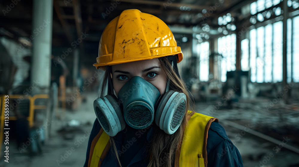 A woman adorned in a vibrant yellow helmet and protective gas mask stands confidently in a hazardous work environment. Her sturdy attire hints at the dangerous nature of her surroundings. A woman adorned in a vibrant yellow helmet and protective gas mask stands confidently in a hazardous work environment. Her sturdy attire hints at the dangerous nature of her surroundings.