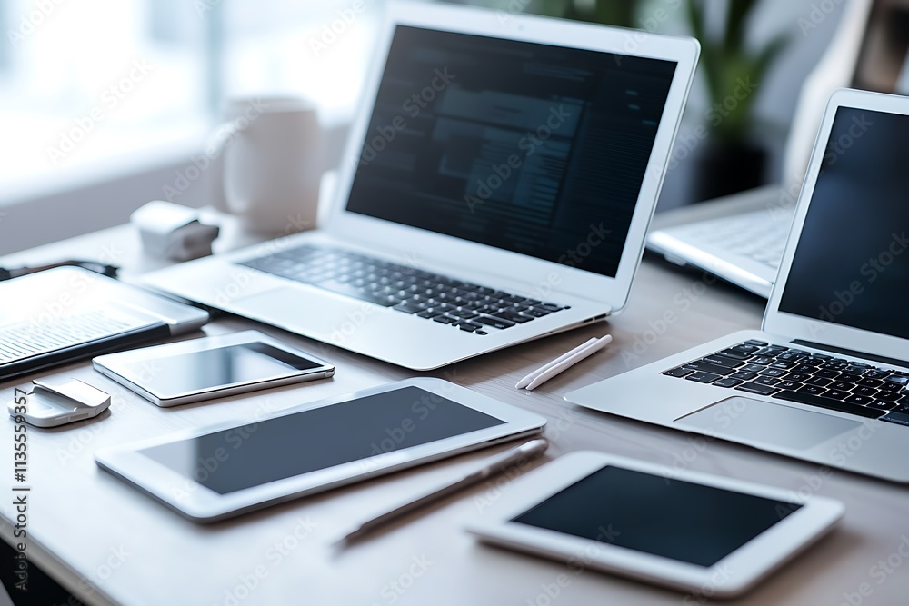 Modern digital devices on a desk. Concept of technology, work, and productivity. Modern digital devices on a desk. Concept of technology, work, and productivity.