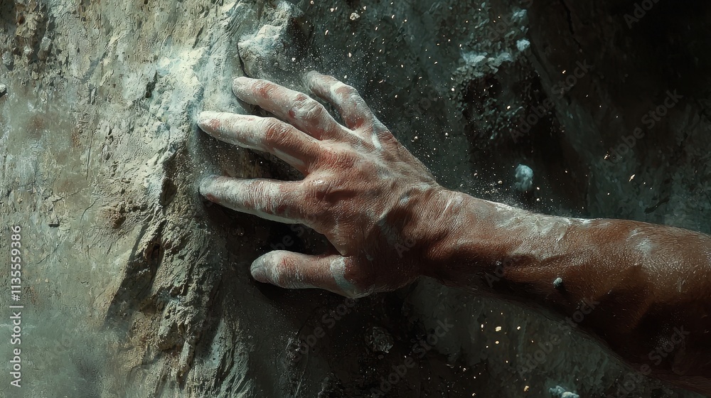 Fototapeta premium A detailed shot of a rock climber’s chalk-covered hands gripping a rugged crevice, with veins bulging from the effort. The textured rock surface and flying chalk dust highlight the intensity 