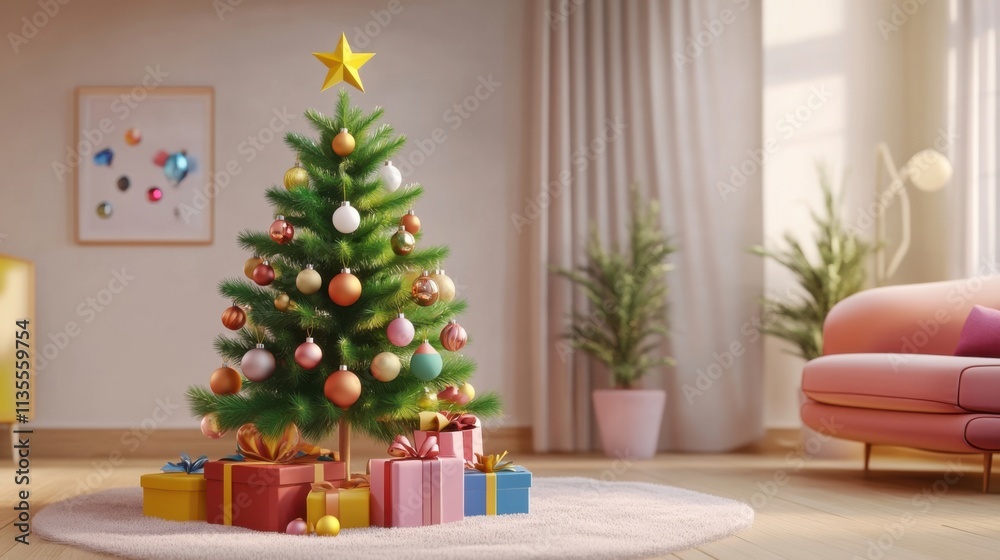 Decorated tree, presents, cozy room. Decorated tree, presents, cozy room.
