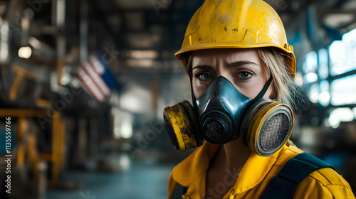 A woman adorned in a vibrant yellow helmet and protective gas mask stands confidently in a hazardous work environment. Her sturdy attire hints at the dangerous nature of her surroundings.