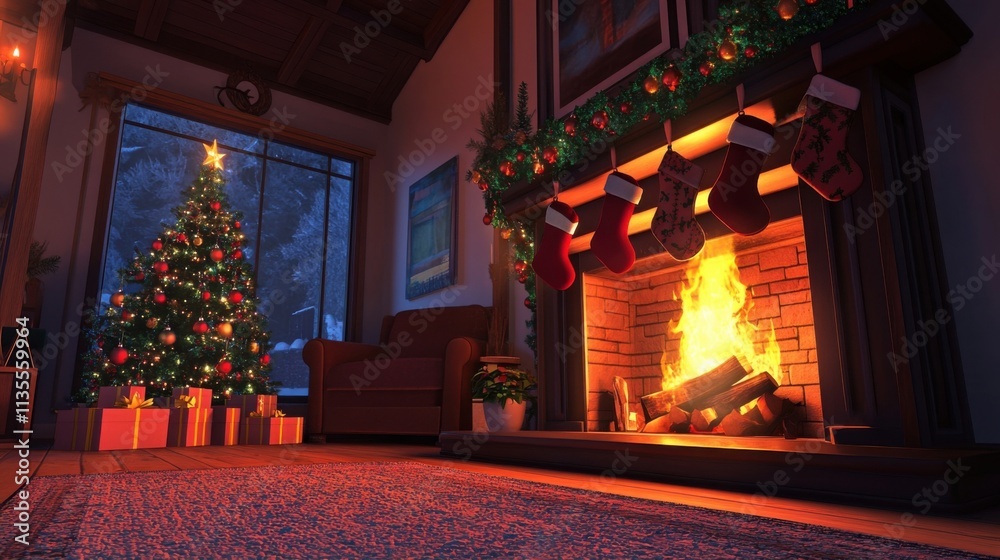Fireplace, tree, gifts, warm glow. Fireplace, tree, gifts, warm glow.