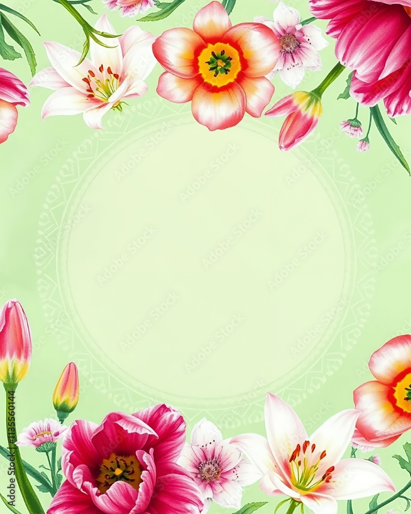 Obraz premium A soft green watercolor base with pastel florals like tulips and lilies. With a lace-like floral pattern outlines the circular text area.