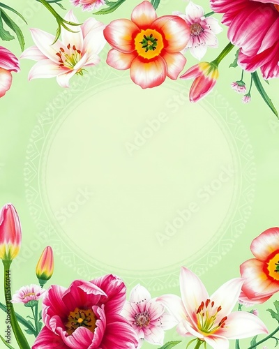 A soft green watercolor base with pastel florals like tulips and lilies. With a lace-like floral pattern outlines the circular text area. photo