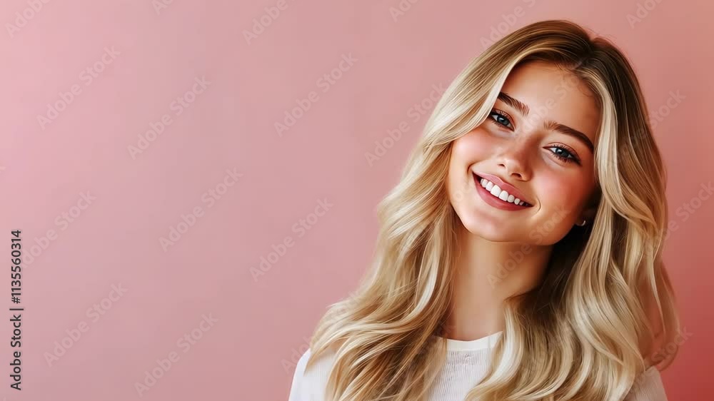 Smiling woman with long hair poses against a soft pink background during daylight Smiling woman with long hair poses against a soft pink background during daylight
