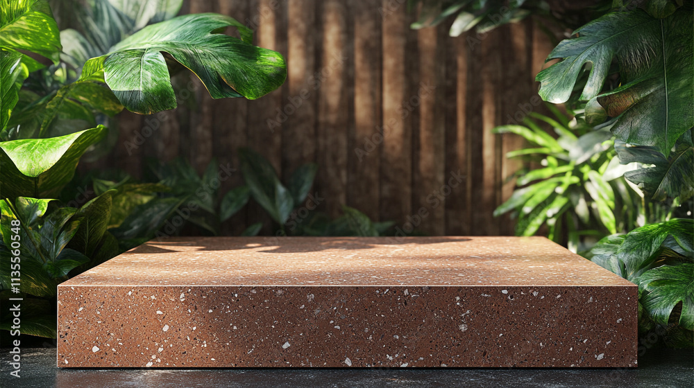 Beautiful natural display with a stone surface and green tropical plants in a serene environment