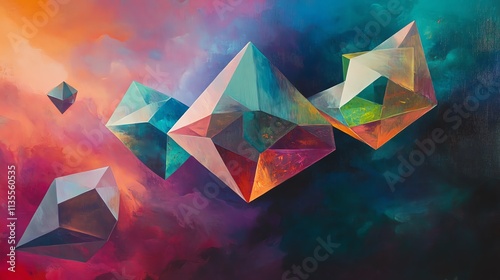 Colorful geometric shapes in a cosmic background. photo