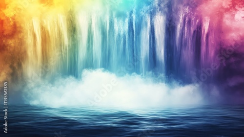 Vibrant waterfall with colorful hues and mist.