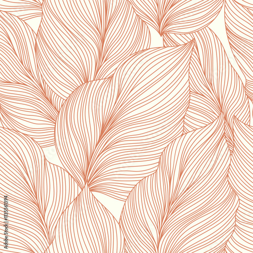Abstract seamless pattern featuring delicate, coral-colored leaves in a minim...