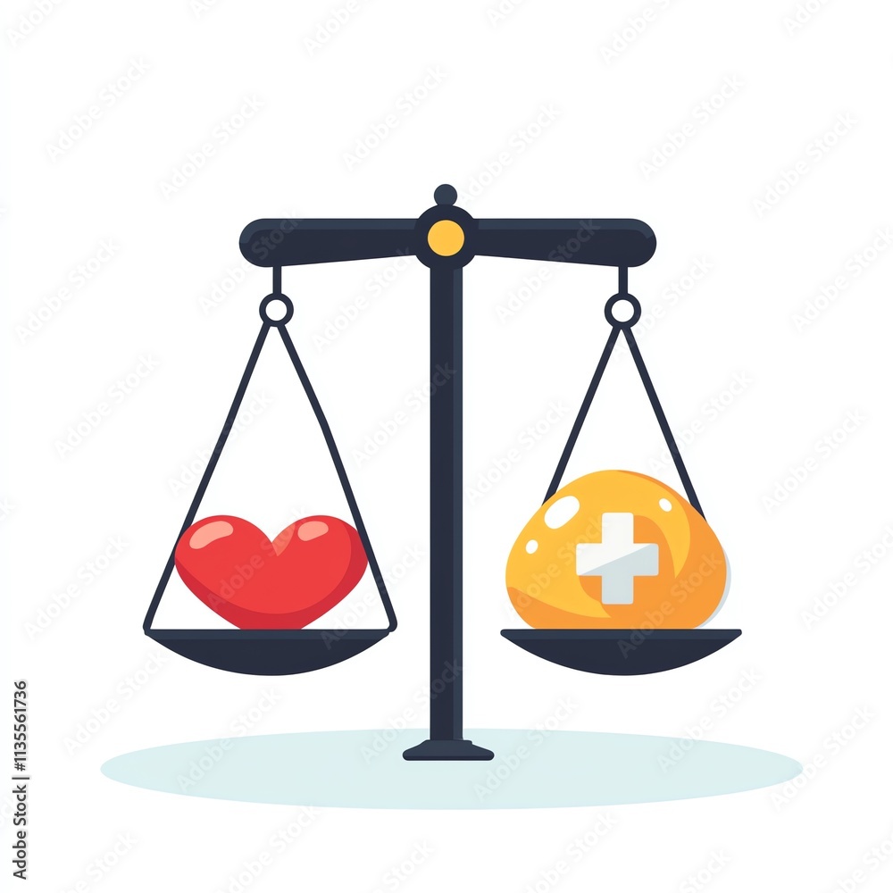 A balance scale with a heart and a health symbol, representing emotional and physical well-being. A balance scale with a heart and a health symbol, representing emotional and physical well-being.