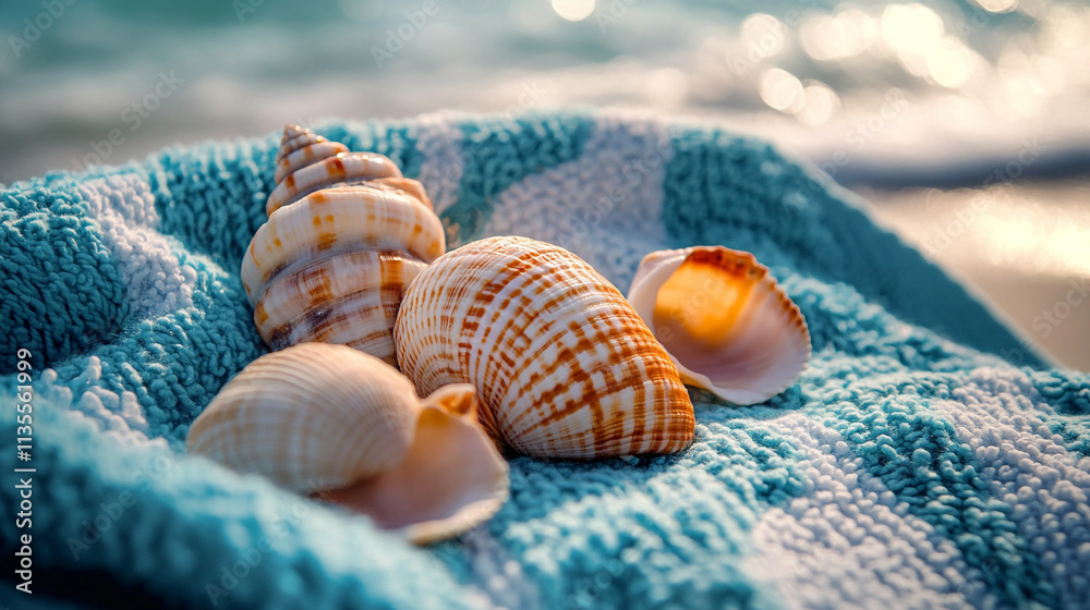 Seashells arranged on a textured towel by the shore during a sunny day Seashells arranged on a textured towel by the shore during a sunny day